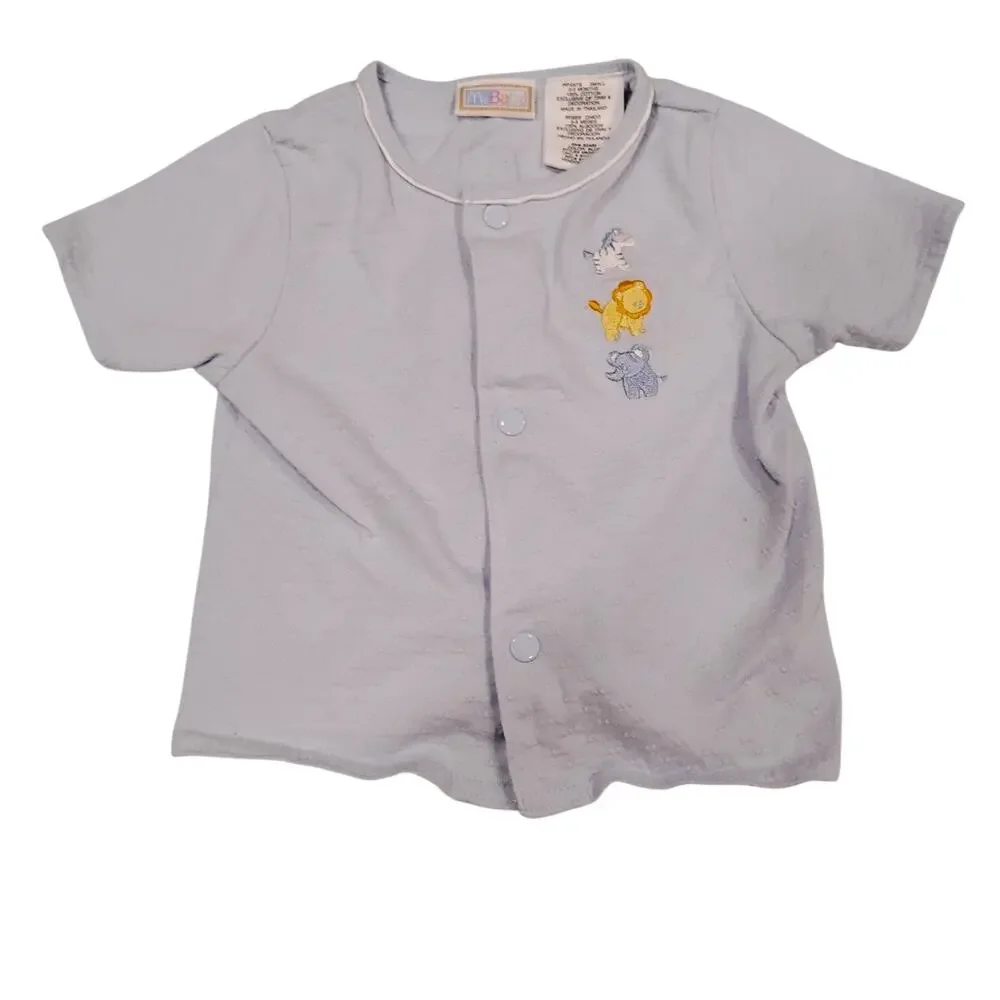 VTG McBaby Infant 0-3 Baby Blue Embroidered Button Up Shirt Lion Elephant Zebra